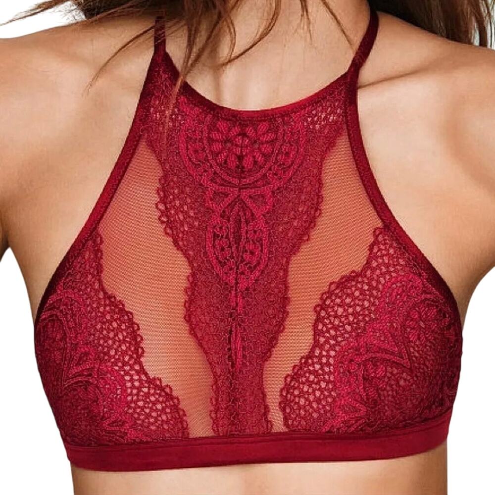 Victoria’s Secret Body by Victoria Red Sheer Lace Halter Bralette Size Medium